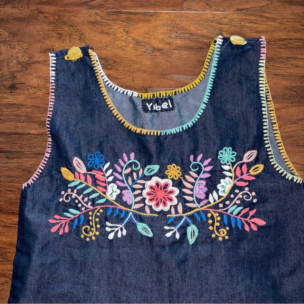 Girls' Dark Blue Denim Embroidered Sleeveless Dress